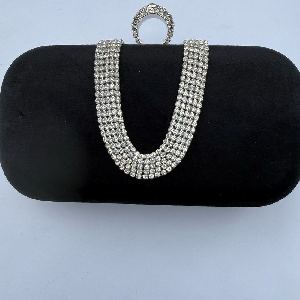 Elegant Black Clutch bag with Silver jeweled Accents and chain